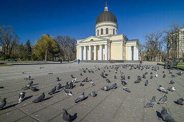 Image showing Unisually few people in cathedral square park in the center of Chisinau, Moldova during state of emergency by the reason of covid-19 virus threat