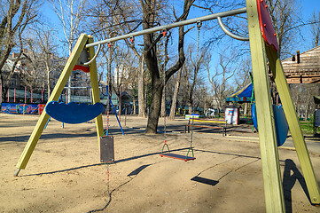 Image showing Empty children playground in cathedral square park in the center of Chisinau, Moldova during state of emergency by the reason of covid-19 virus threat