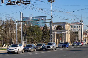 Image showing Daytime transport traffic at The Great National Assembly Square in Chisinau, Moldova