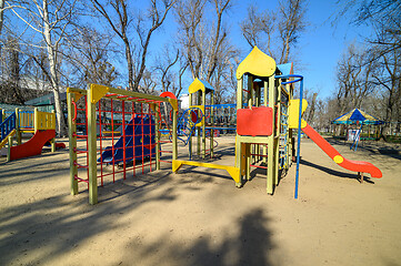 Image showing Empty children playground in cathedral square park in the center of Chisinau, Moldova during state of emergency by the reason of covid-19 virus threat