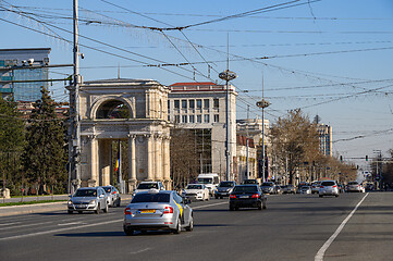 Image showing Daytime transport traffic at The Great National Assembly Square in Chisinau, Moldova