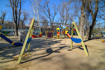 Image showing Empty children playground in cathedral square park in the center of Chisinau, Moldova during state of emergency by the reason of covid-19 virus threat