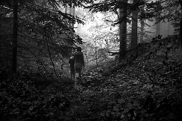 Image showing Mother and son in the mystic green foggy forest