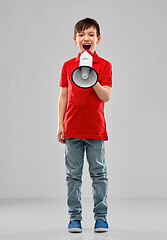 Image showing little boy in red polo shouting to megaphone