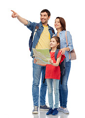 Image showing happy family with travel map and backpacks