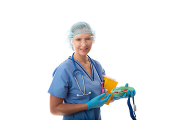 Image showing Friendly nurse or pathologist holding a kidney dish of blood tub