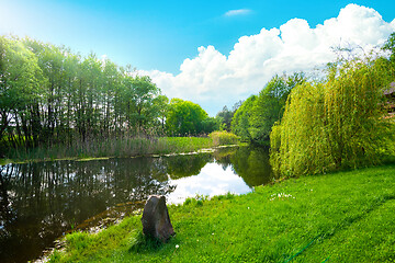 Image showing Landscape pond and field