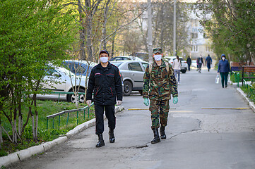 Image showing Mixed carabineri and military patrol in residential area of Chisinau, Moldova during covid-19 virus threat