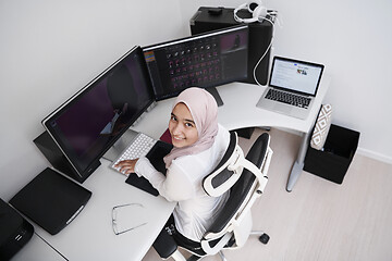 Image showing Arabic creative professional  working at home office top view