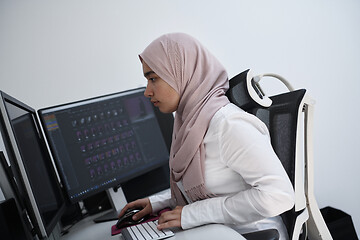 Image showing Arabic creative professional  working at home office on desktop 