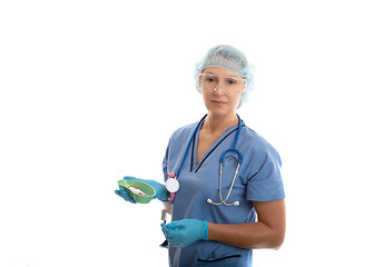 Image showing Nurse pathologist holding blood tubes for medical testing