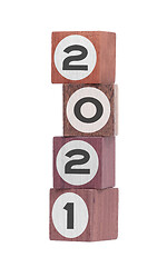 Image showing Four isolated hardwood toy blocks, saying 2021