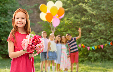 Image showing red haired girl with flowers at birthday party