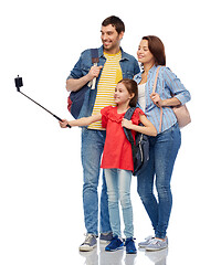 Image showing happy family with backpacks taking selfie