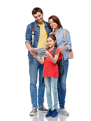 Image showing happy family with travel guide and backpacks