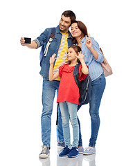 Image showing happy family with backpacks taking selfie