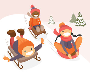 Image showing Group of multicultural kids enjoying a sleigh ride