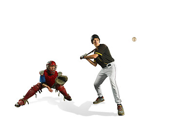 Image showing The two caucasian men baseball players playing in studi. silhouettes isolated on white background