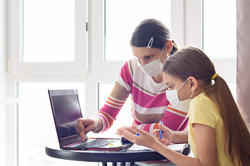 Image showing Mom and daughter in self-isolation regime go through online schooling