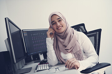 Image showing Arabic creative professional  working at home office on desktop 