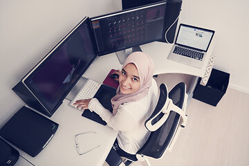 Image showing Arabic creative professional  working at home office top view