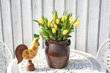Image showing Easter picture with yellow Tulips and Easter cock