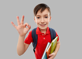 Image showing student boy with books and school bag showing ok