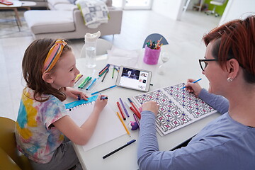 Image showing Mother and little daughter  playing together  drawing creative a