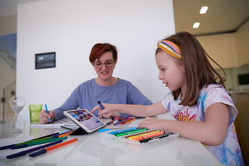 Image showing Mother and little daughter  playing together  drawing creative a