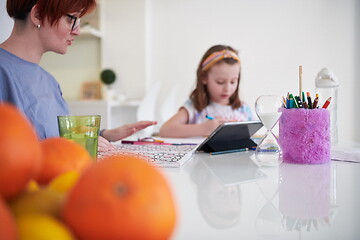 Image showing Mother and little daughter  playing together  drawing creative a