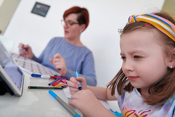 Image showing Mother and little daughter  playing together  drawing creative a