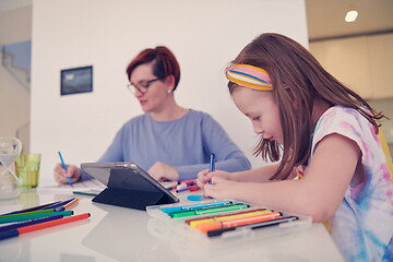 Image showing Mother and little daughter  playing together  drawing creative a