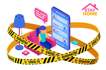 Image showing covid-19 quarantine stay home chat online