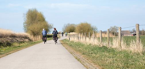 Image showing Rear view of people riding bikes on bicycle path