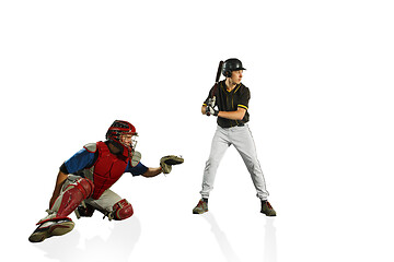 Image showing The two caucasian men baseball players playing in studi. silhouettes isolated on white background