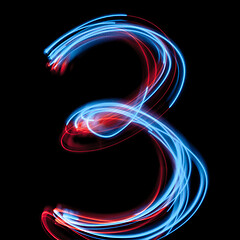 Image showing The neon number 3, blue light image