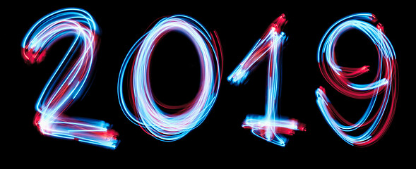 Image showing 2019 happy new year number with neon lights backgrorund.