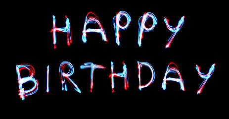 Image showing Happy Birthday - Neon Font on handwiped dark Chalk Board