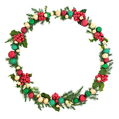 Image showing Christmas Wreath with Winter Flora and Baubles 