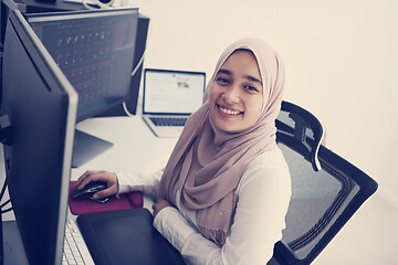 Image showing Arabic creative professional  working at home office on desktop 