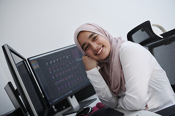 Image showing Arabic creative professional  working at home office on desktop 