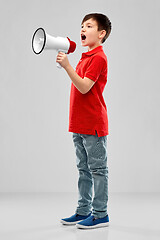 Image showing little boy in red polo shouting to megaphone