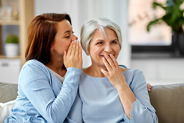 Image showing adult daughter whispering to senior mother at home