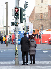 Image showing BERLIN, GERMANY - Januari 1, 2020: People stand on a pedestrian 