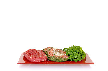 Image showing Hamburgers on red plate