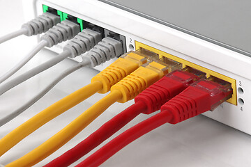 Image showing Wireless Modem router with ethernet network hub with cables conn