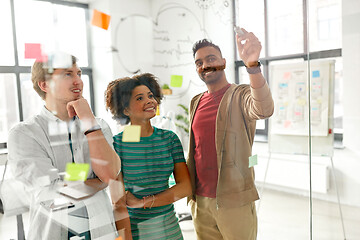 Image showing happy creative team at office glass board