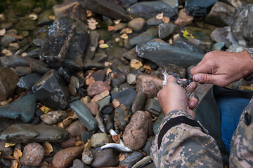 Image showing Fisherman cleaning fish