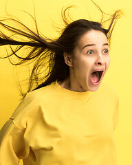 Image showing The woman screaming with open mouth isolated on yellow background, concept face emotion