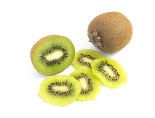 Image showing Whole and half kiwi with fresh juicy slices